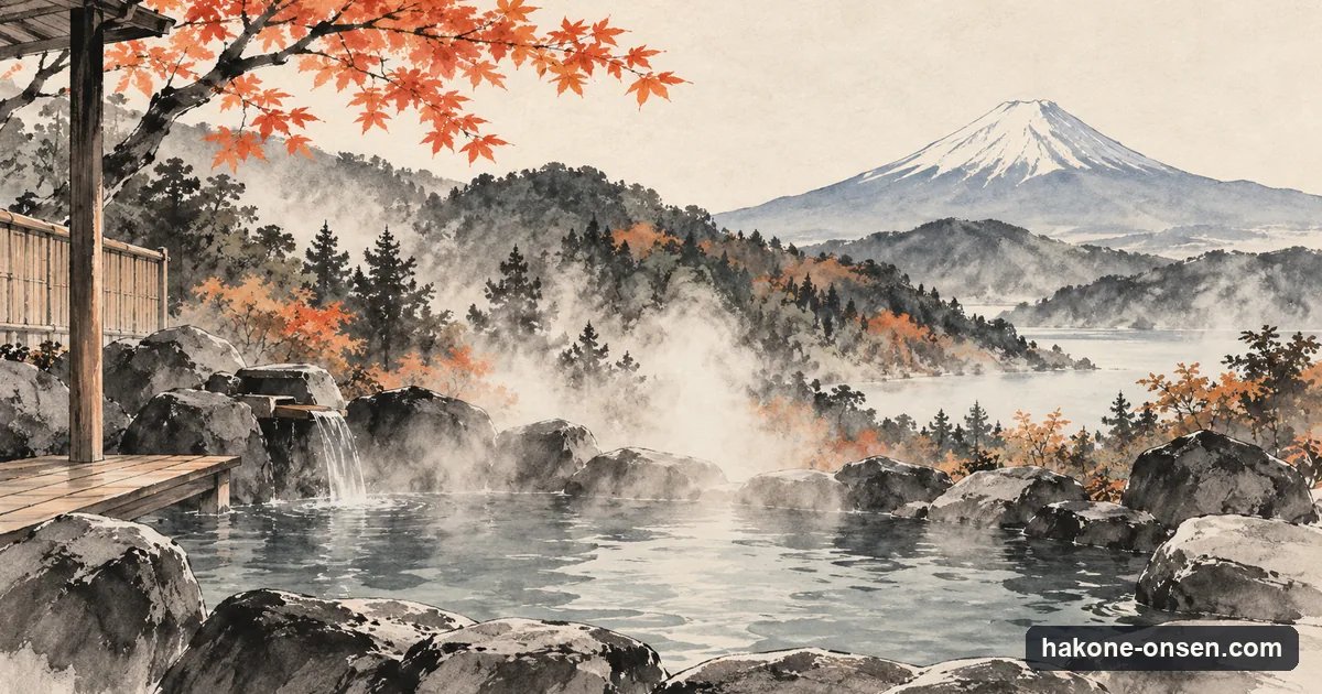 A sumi-e ink-wash picture of an outdoor hot-spring bath in Hakone with steam rising and Mount Fuji in the distance